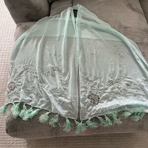 Mint Green Embroidered Shawl with Tassels